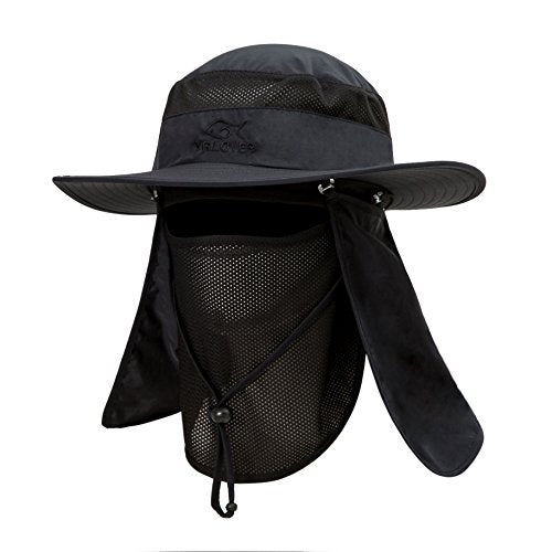 YR.Lover Outdoor UV Sun Protection Wide Brim Fishing Cap with Removable Flap, One Size, Black