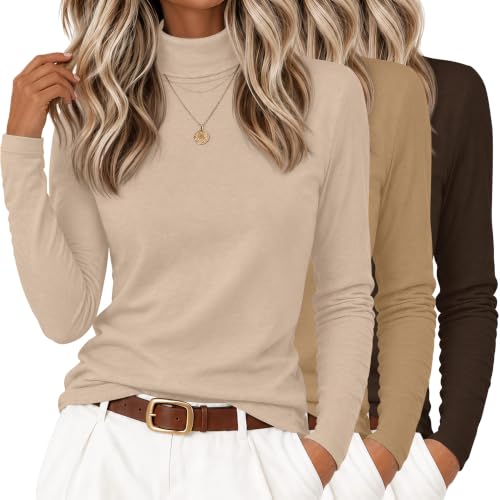 Neer Women's Cotton Turtleneck Long Sleeve Thermal Tops 3-Pack - Apricot, Khaki, Brown, Medium