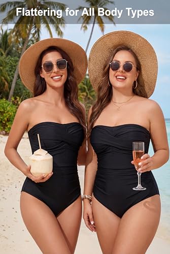 Smismivo Tummy Control Swimwear One-Piece - Black, Large, Strapless Ruched Bandeau