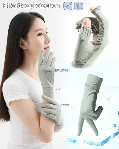 UPF 50+ Sun Protection Gloves for Women - Breathable Ice Silk - Grey, Medium