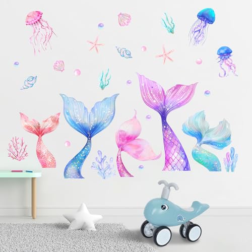 Yovkky Girls Mermaid Tail Wall Decals Stickers, Under The Sea Ocean Jellyfish Pearl Toddler Baby Nursery Decor, Beach Coastal Conch Coral Starfish Home Decorations Kids Bedroom Playroom Art