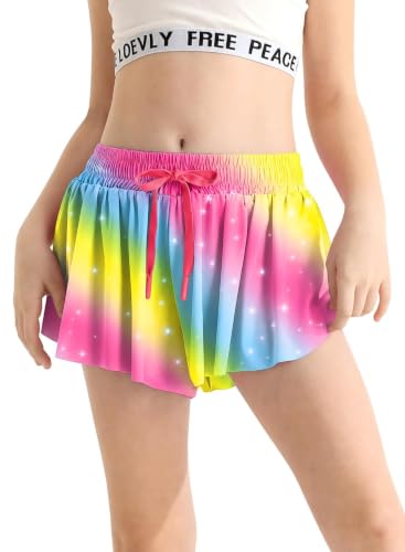 Girls 2 in 1 Quick Dry Athletic Shorts with Pocket - 10-11 Years Rainbow