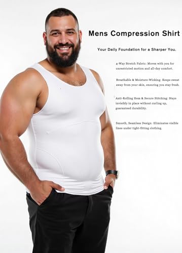Mens Compression Sleeveless Undershirt Slimming Body Shaper - White, XL