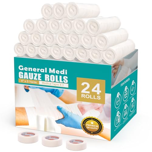 Gauze Bandage Rolls with Medical Tape - 24 Pack + Bonus Tape