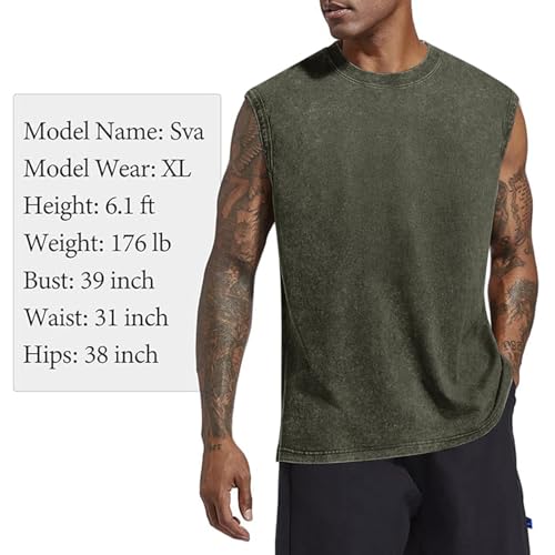 Mens Cotton Workout Tank Top - Acid Wash Sleeveless Tee, XX-Large A-army Green
