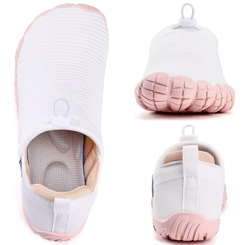 WateLves Water Shoes Women & Men - Lightweight Striped Barefoot Water Footwear, Size 8 Women / 7 Men, White Pink