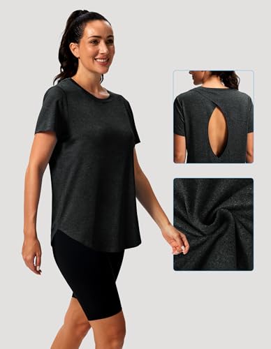 Open Back Workout Top for Women - Short Sleeve - Large Black