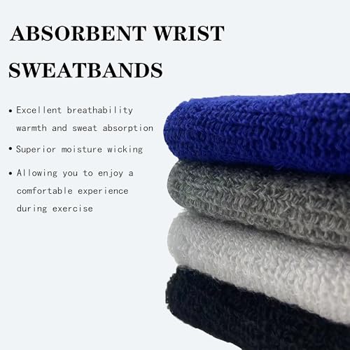 6 Inch Sweat Wristbands for Sports - Absorbent Cotton - Black (4 Pack)