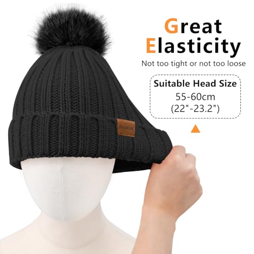 Winter Knitted Beanie Hat with Faux Fur Pom - Black