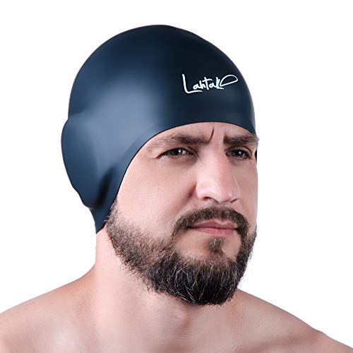Lahtak Black 3D Silicone Swim Cap with Ear Protection for Adults & Teens
