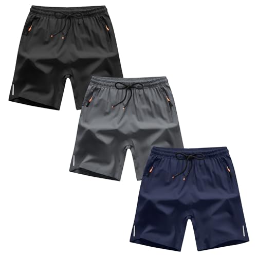 Boys Quick Dry Athletic Running Shorts with Zipper Pockets