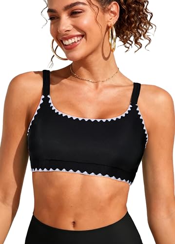 American Trends Sports Bikini Top for Women - Wirefree Swim Bra, Black Trim, Small