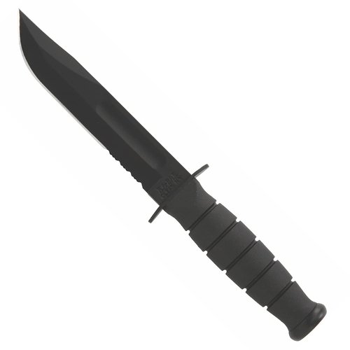 KA-BAR Short Fixed Blade Knife 5.25" Partially Serrated Clip Point 1095 Cro-Van Black Powder Coat Blade Kraton Handle Black