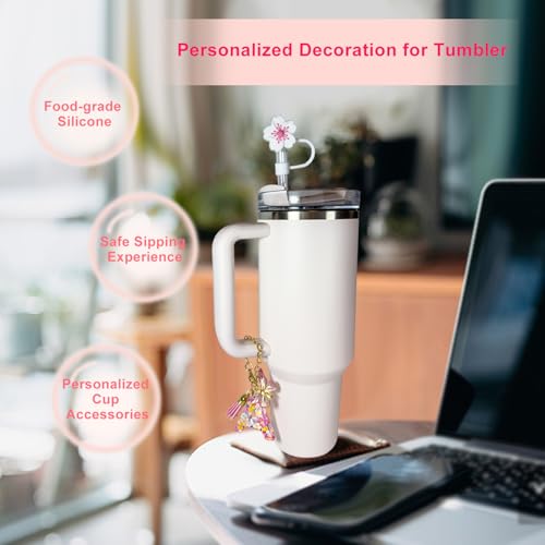 Initial Letter Charm & Silicone Straw Cover Set for 10mm Tumbler Straws - Pink