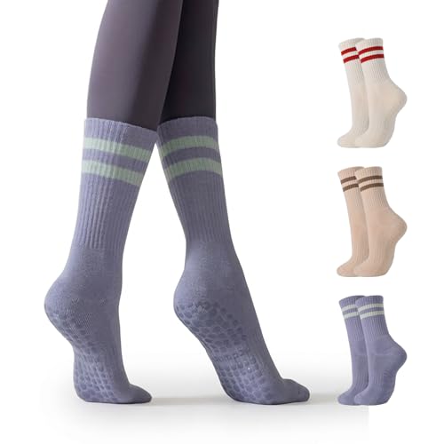 Women's Pilates Grip Crew Socks - Preppy Stripe Mix - 3 Pairs