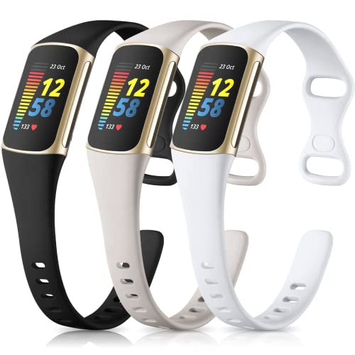 Maledan 3 Pack Waterproof Sport Replacement Wristbands for Fitbit Charge 5/6 - Black, Gray, White