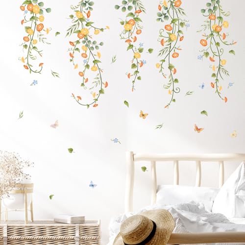 Hanging Flowers Vine Wall Stickers Yellow Morning Glory Wall Decals Autumn Floral Butterflies Art Wall Decor for Bedroom Living Room Sofa TV Backdrop