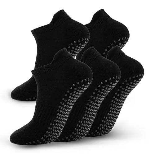 Pilates Socks with Grips - 5 Pairs Non-Slip Yoga Crew Socks - Black