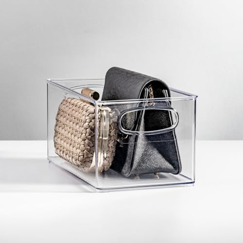 mDesign Plastic Home Closet Organizer - Basket Storage Holder Bin w/ Handles for Bedroom, Bathroom, Cabinet Shelves, Entryway, and Hallway - Holds Sweaters, Purses - Ligne Collection - 4 Pack - Clear