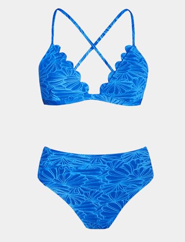 CUPSHE High-Waisted Scalloped Bikini Set for Women - Medium Sapphire Blue