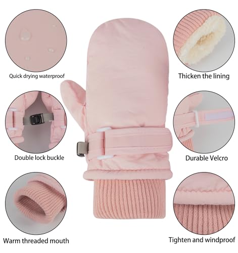 Kids Winter Ski Mittens - Warm, Water-Resistant Velvet - Pink, Medium