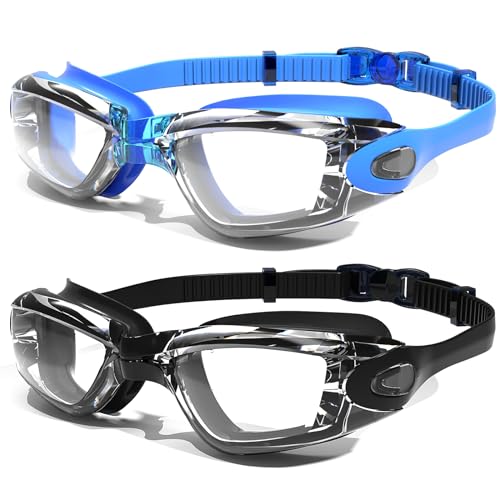 Braylin 2-Pack Swim Goggles Anti-Fog Leak-Resistant for Adults Women Men (Black/Blue Lenses)
