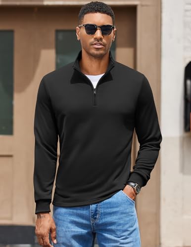 Men's Black Large Quarter Zip Pullover Sweatshirt - Long Sleeve Mock Neck Sweater