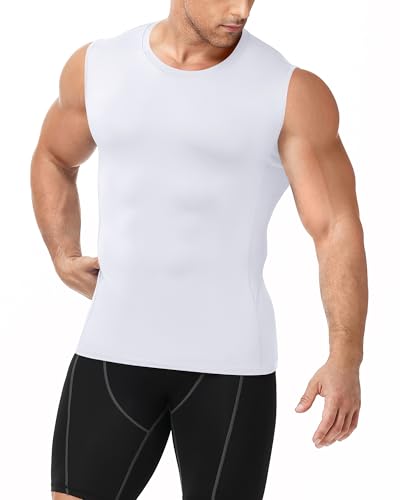 Men's Sleeveless Compression Shirt - Quick Dry Muscle Undershirt - Medium, White