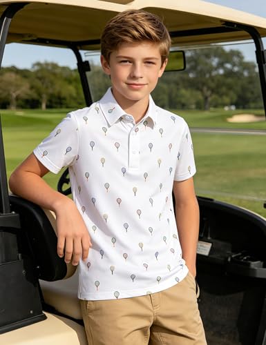 Boys Performance Polo Shirt - Short Sleeve Collared, Size 7-8 Years, White Pink