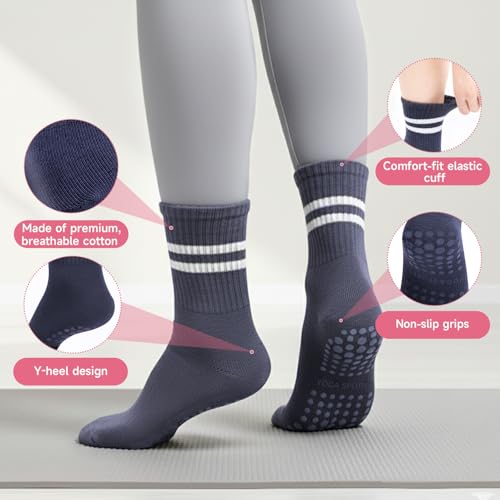 Non-Slip Pilates Grip Socks for Women - 4 Pair Athletic Crew Set for Yoga