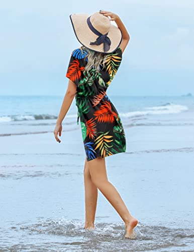 Womens Short Sleeve Beach Cover Up Dress - Black Leaf, Small