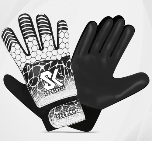 Youth Soccer Goalie Gloves - Size 4 for 6-9 Years - White/Black
