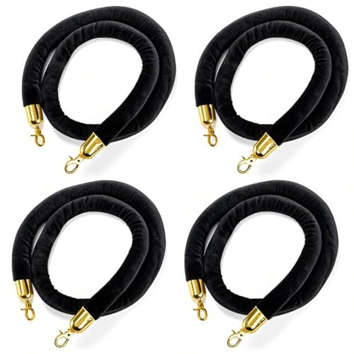 Okllen 4 Pack Black Velvet Stanchion Ropes with Gold Hooks, 5 Ft Crowd Control Barrier for Carpet Events Movie Theaters Hotels