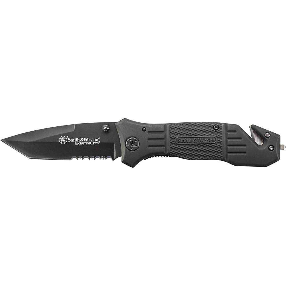 Smith & Wesson SWFR2S 8in High Carbon S.S. Folding Knife with 3.3in Tanto Point Serrated Blade and Aluminum Handle for Outdoor, Tactical, Survival and EDC,Black
