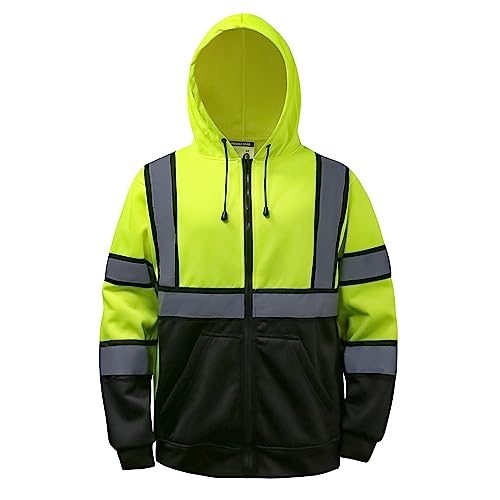 High visibility Hoodie for Men,Class3 Hi Vis Hoodie with Zipper,Reflective Hooded Hood,Construction work Safety Sweatshirt with Large front Pocket for Men/Women Black Bottom£¬Large