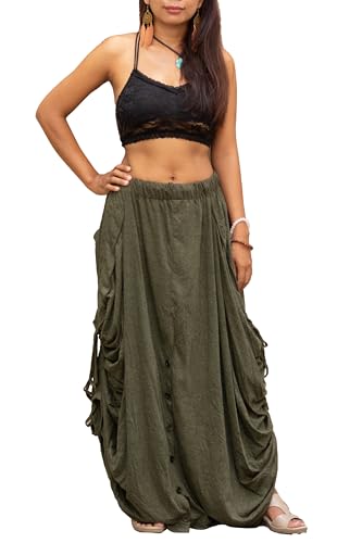 Thaluta Women's Olive Wide Leg Palazzo Pants - Convertible Maxi Skirt with Pockets, One Size