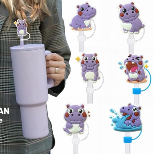 Cute Hippo Silicone Straw Toppers - 6 Pack for Straw & Bottle