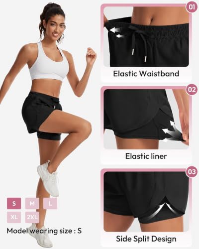 MLYENX 2-in-1 Running Shorts for Women, Athletic Gym Shorts – Large (Black, Navy, Dark Grey, Pink, Light Grey)