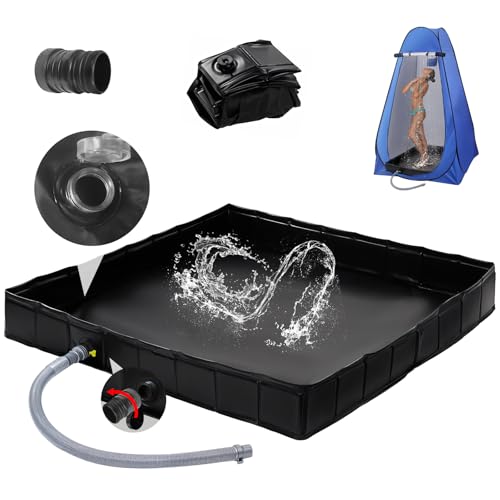 Foldable Portable Shower Pan 41x41 Inches with Drain & Mesh Bag for Camping RV Outdoor