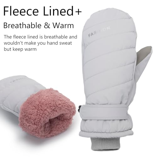 Waterproof Winter Ski Mittens for Men & Women - Light Grey, Medium