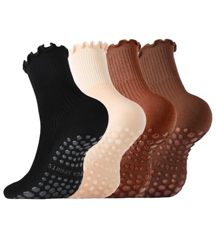 Non-Slip Ruffle Grip Socks for Women - 4 Pairs Multicolor