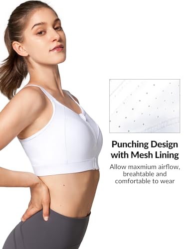 Yvette Adjustable High Impact Sports Bra Zip Front Medium A/C White
