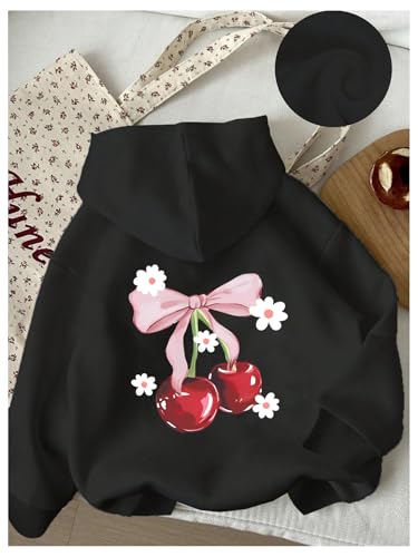 Cute Girl's Cherry Graphic Hoodie Sweatshirt - 9 Years / Black Flower
