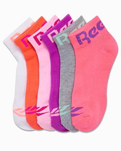 Reebok Girls Quarter Socks 6 Pack - Moisture-Wicking Athletic Socks, Large Pink Multi