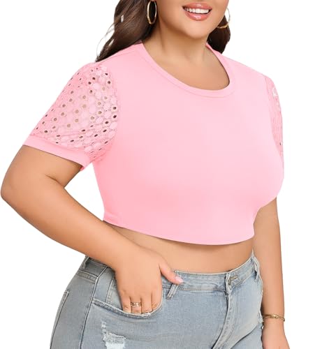 Plus Size Crop Top - Summer Lace Short Sleeve Athletic Tee - Light Pink / 1X