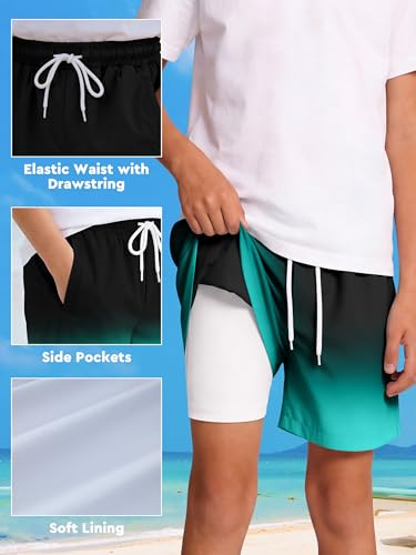 Boys Swim Trunks UPF 50+ Quick Dry Board Shorts - Gradient Emerald, 14-16 Years
