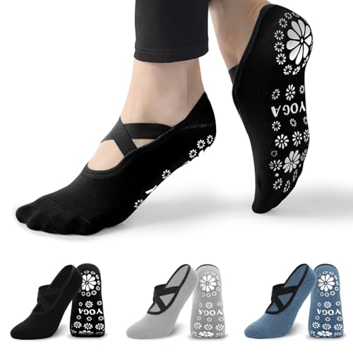 Non-Slip Pilates Yoga Socks for Women - 3 Pairs, Black+Blue+Grey, US 6.5-10