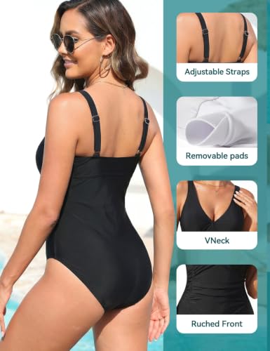 Women's High Waisted Tummy Control One-Piece Swimsuit Black XL | HUICHANG