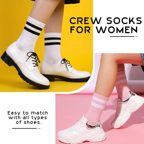 Women's Striped Crew Socks - Earthy Tone 2-Stripe, Cotton, 12 Pairs