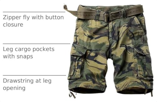AKHIKING Rain Camo 36 Regular Camo Cargo Shorts for Men - 100% Cotton, 6-Pocket Outdoor